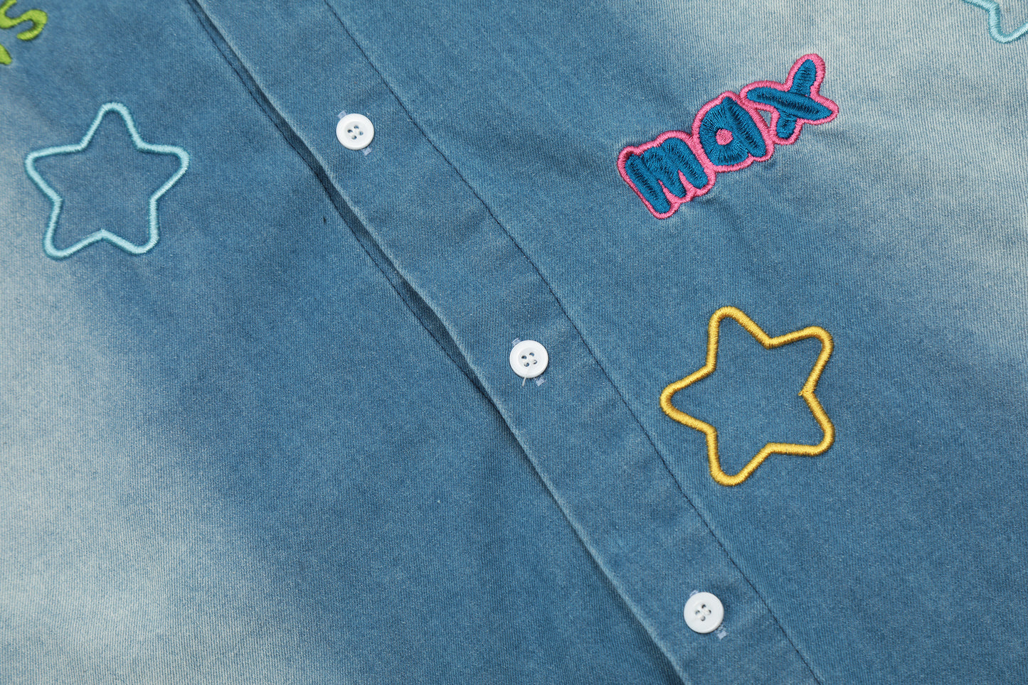 Geesas Na Max Colorful Star Embroidered Washed Denim Short Sleeve Shirt Oversized Button Down Y2K Streetwear Summer Top | Star Na