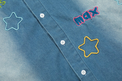 Geesas Na Max Colorful Star Embroidered Washed Denim Short Sleeve Shirt Oversized Button Down Y2K Streetwear Summer Top | Star Na