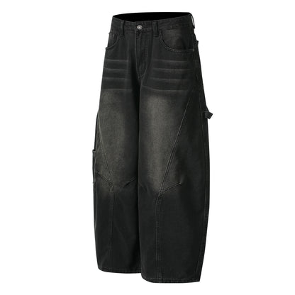 GRAYSTAR Patch Embroidered Cargo Jeans Wide Leg High Waist Washed Black Diagonal Seam Streetwear Denim Trousers | Gray Star