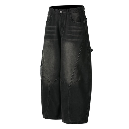 GRAYSTAR Patch Embroidered Cargo Jeans Wide Leg High Waist Washed Black Diagonal Seam Streetwear Denim Trousers | Gray Star
