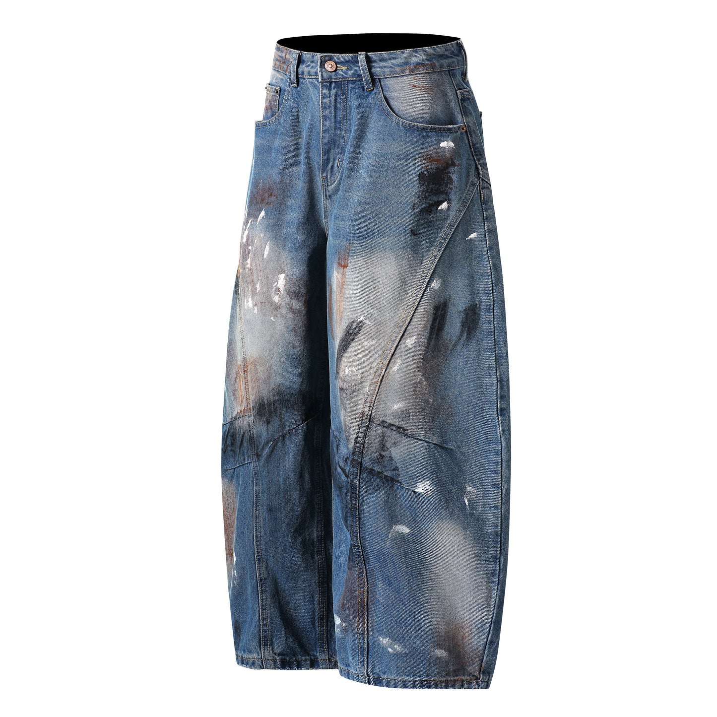 Paint splatter barrel jeans angled side view