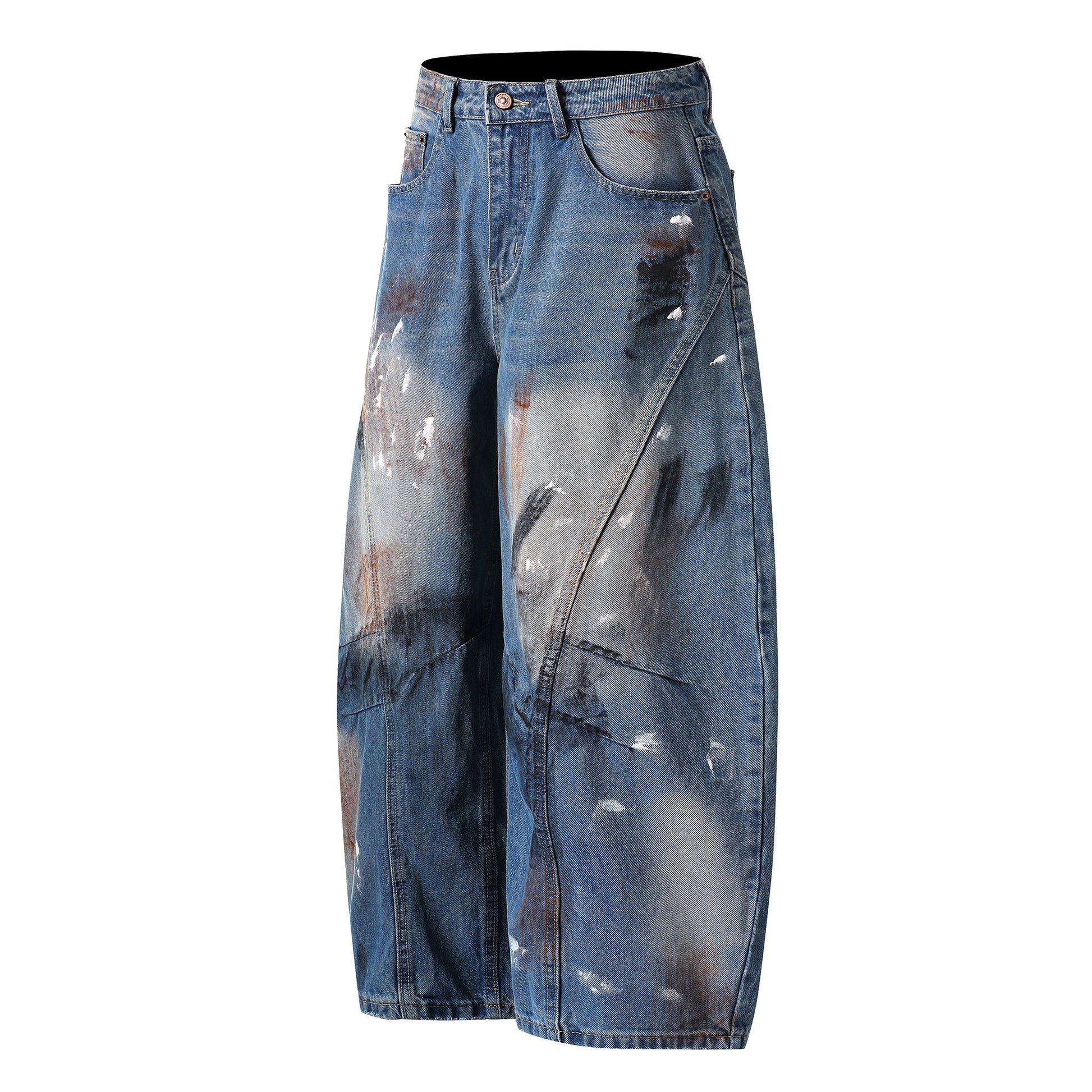 Paint splatter barrel jeans angled side view