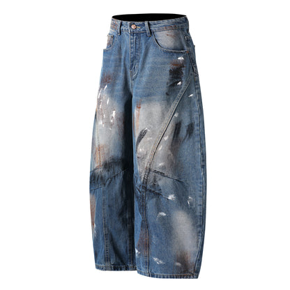 Paint Splatter Mud Dye Barrel Wide Leg Jeans High Waist Light Wash Distressed Diagonal Seam Streetwear Denim Trousers | Mud Canvas