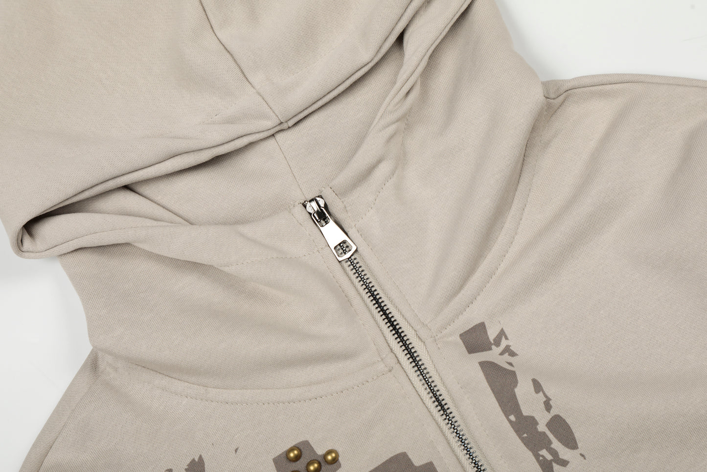 Attitude Rivet Letter Distressed Crop Zip Hoodie Studded Waist Buckle Y2K Streetwear Sweatshirt