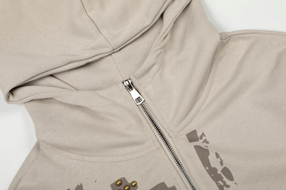 Attitude Rivet Letter Distressed Crop Zip Hoodie Studded Waist Buckle Y2K Streetwear Sweatshirt