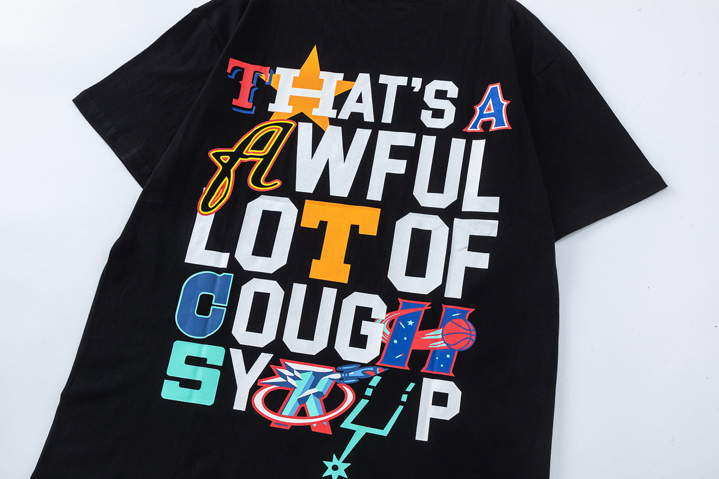 Black short sleeve graphic T-shirt with colorful basketball-inspired front and back print - view 3