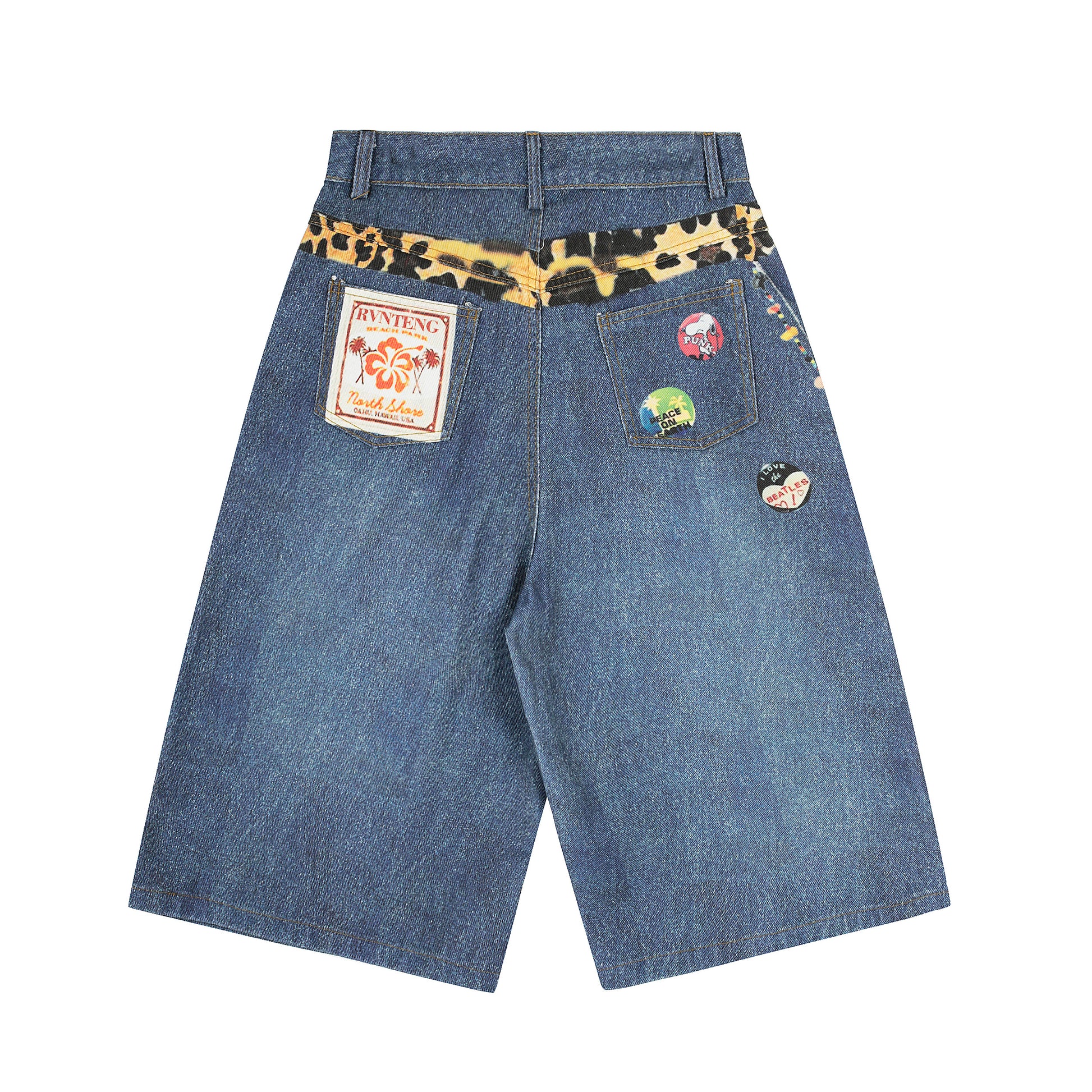 Women's RVNTENG Leopard Belt Multi-Badge Key Charm Wide Leg Denim Shorts - Blue Front & Back View