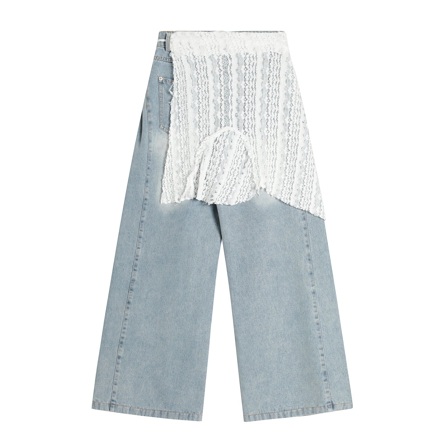 White Lace Crochet Patchwork Wide Leg Jeans - Light Blue Back