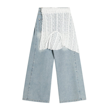 White Lace Crochet Patchwork Wide Leg Jeans Asymmetric Tie Waist Light Wash Denim Romantic Y2K