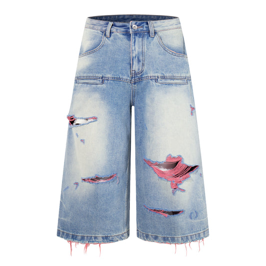 Light Blue Distressed Wide-Leg Cropped Denim Shorts