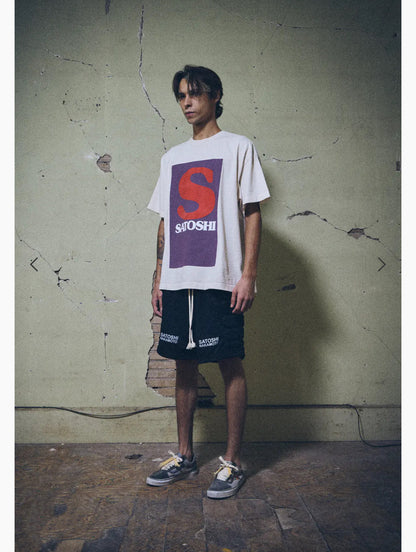 Satoshi Nakamoto SN Block Logo Dual Print Short Sleeve Tee Off-White 280g Washed Vintage Water Print Streetwear | SN Block Tee
