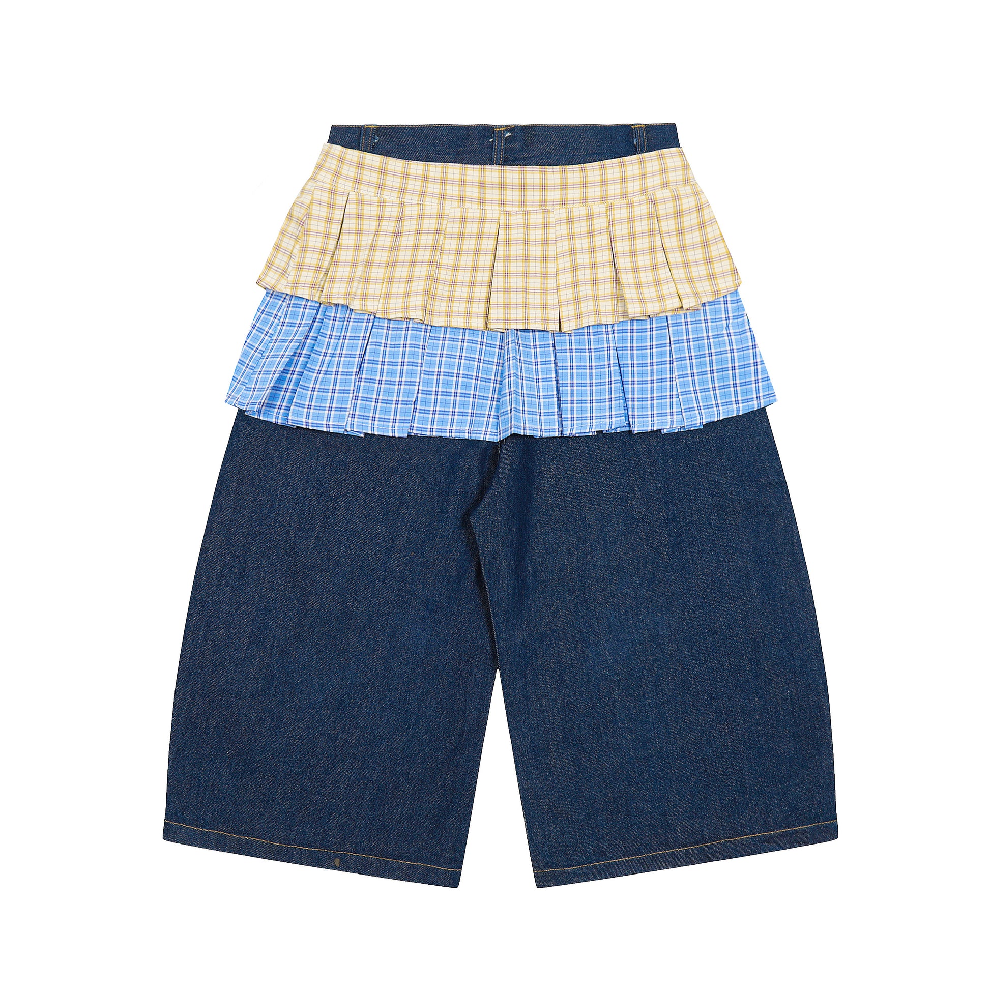 Double Layer Plaid Pleated Skirt Hem Denim Shorts - Dark Navy Back Detail
