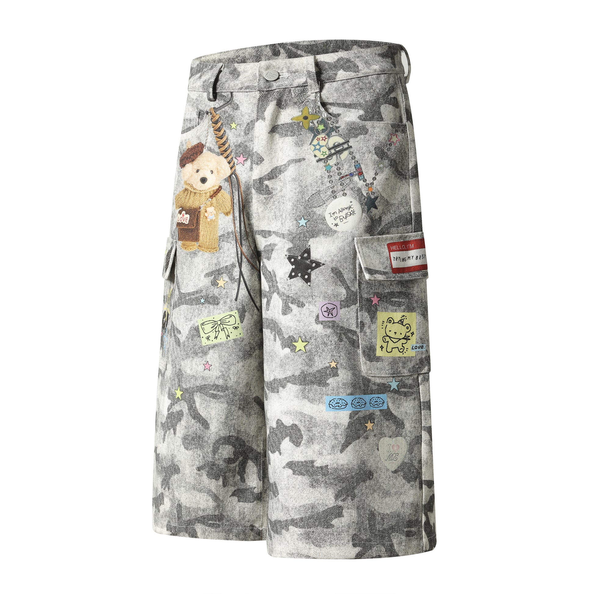 Camo Bear Cargo Shorts - Front and Back