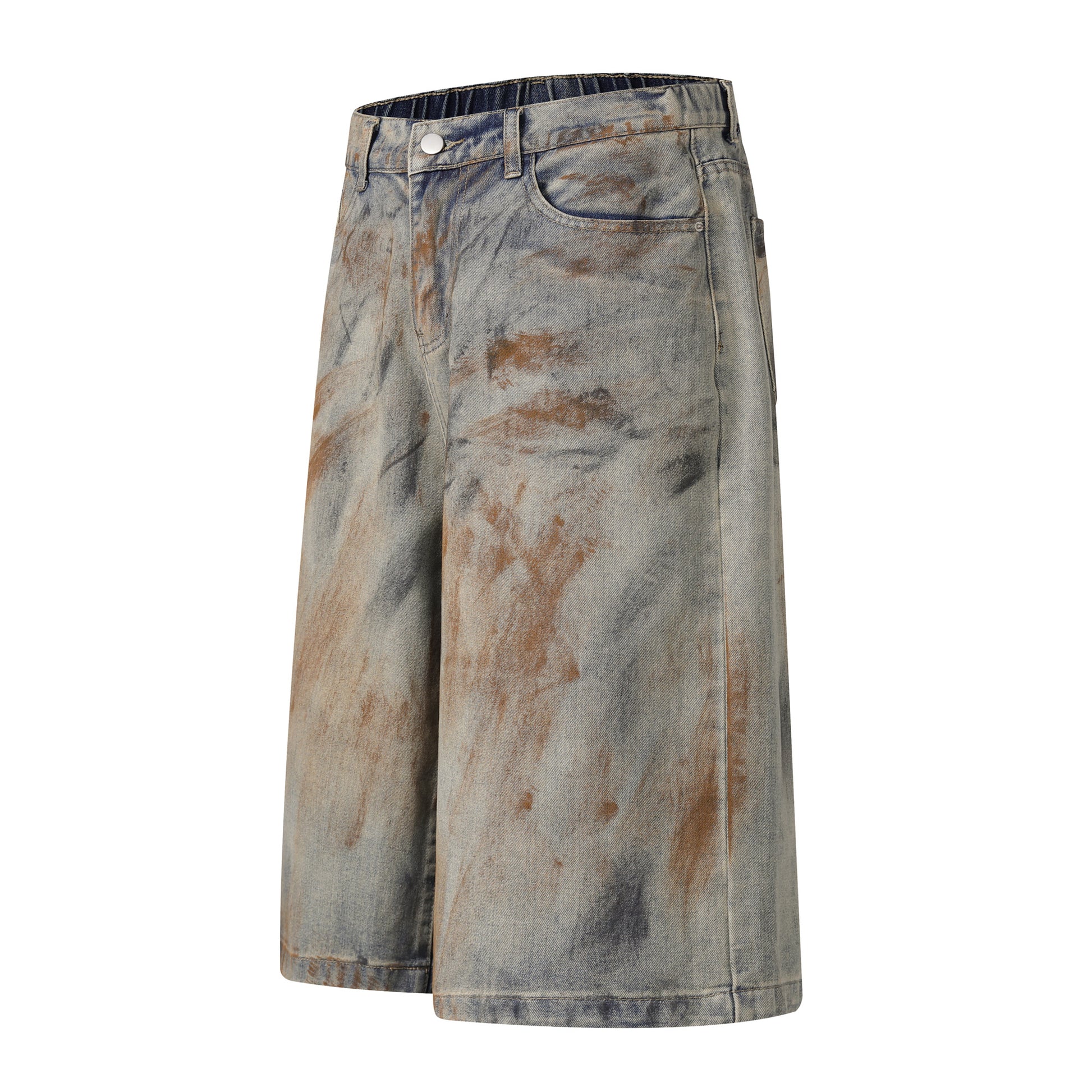Mud dye denim shorts angled side view