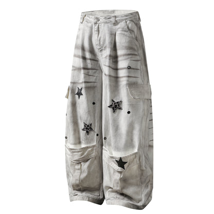 Star Patch Cargo Jeans Washed Distressed Wide Leg Denim Pants Multi Pocket Leopard Star Rivet Streetwear Baggy Trousers | Star Fog
