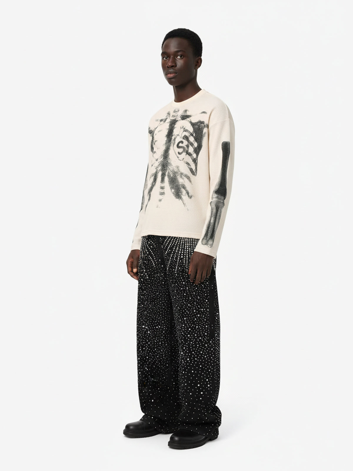 Skeleton Graphic Waffle Sweatshirt – Spooky Halloween Vibes - 2495 