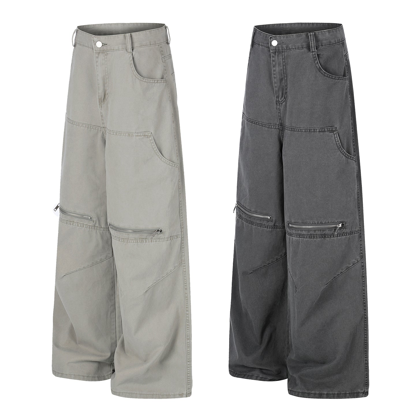 Zip Block Washed Wide Leg Cargo Pants Gray Side