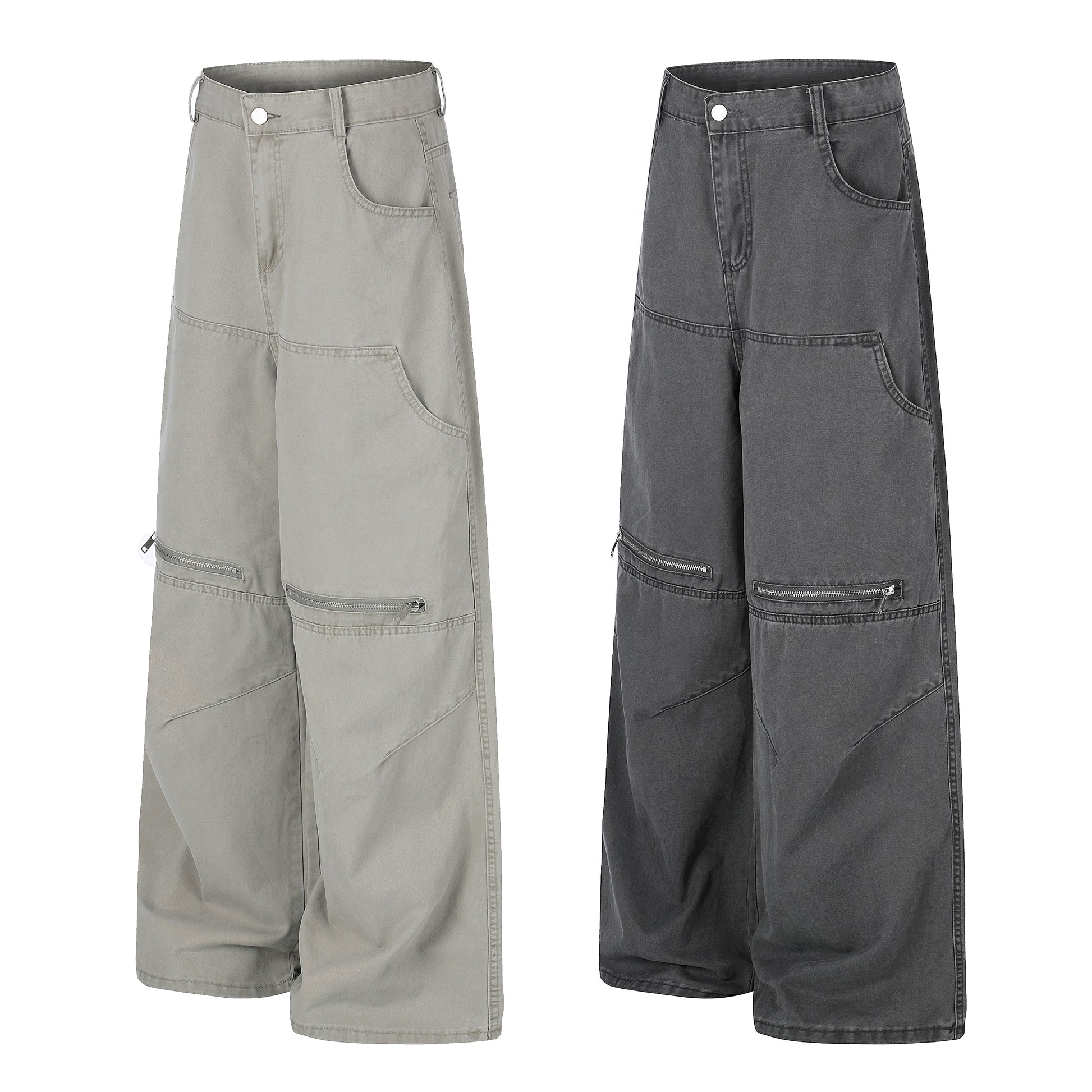 Zip Block Washed Wide Leg Cargo Pants Gray Side