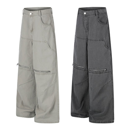 Zip Block Washed Wide Leg Cargo Pants High Waist Streetwear Y2K Vintage Knee Zip Patchwork Trousers | Zip Block