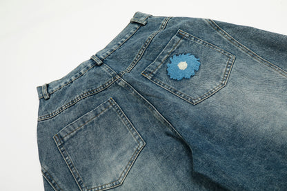Women's Multicolor Daisy Floral Embroidery Balloon Wide Leg Denim Jeans High Waist Y2K Streetwear Baggy Jean Pants