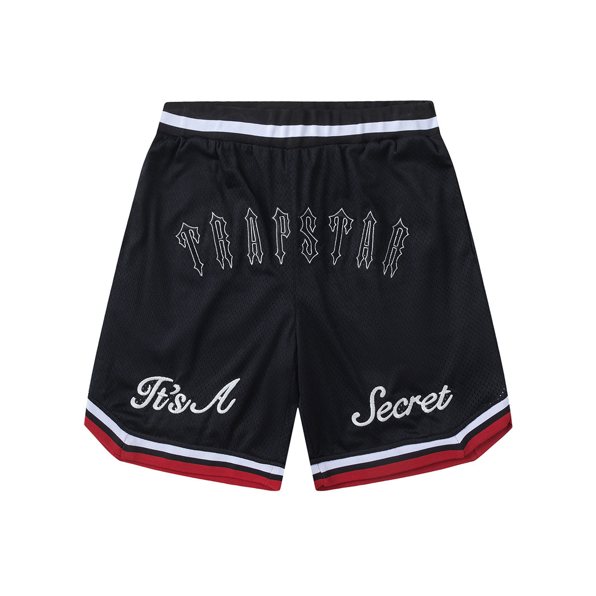 Blue graphic mesh basketball shorts with striped waistband and hem trim - view 3