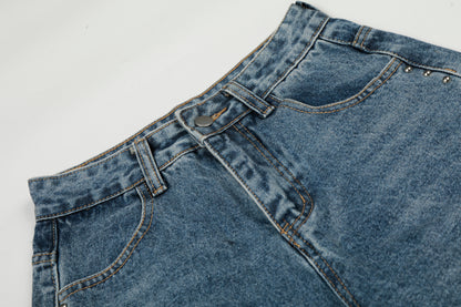 Severs Graffiti Letter Print Rivet Side Seam Wide Leg Barrel Jeans High Waist Washed Y2K Streetwear