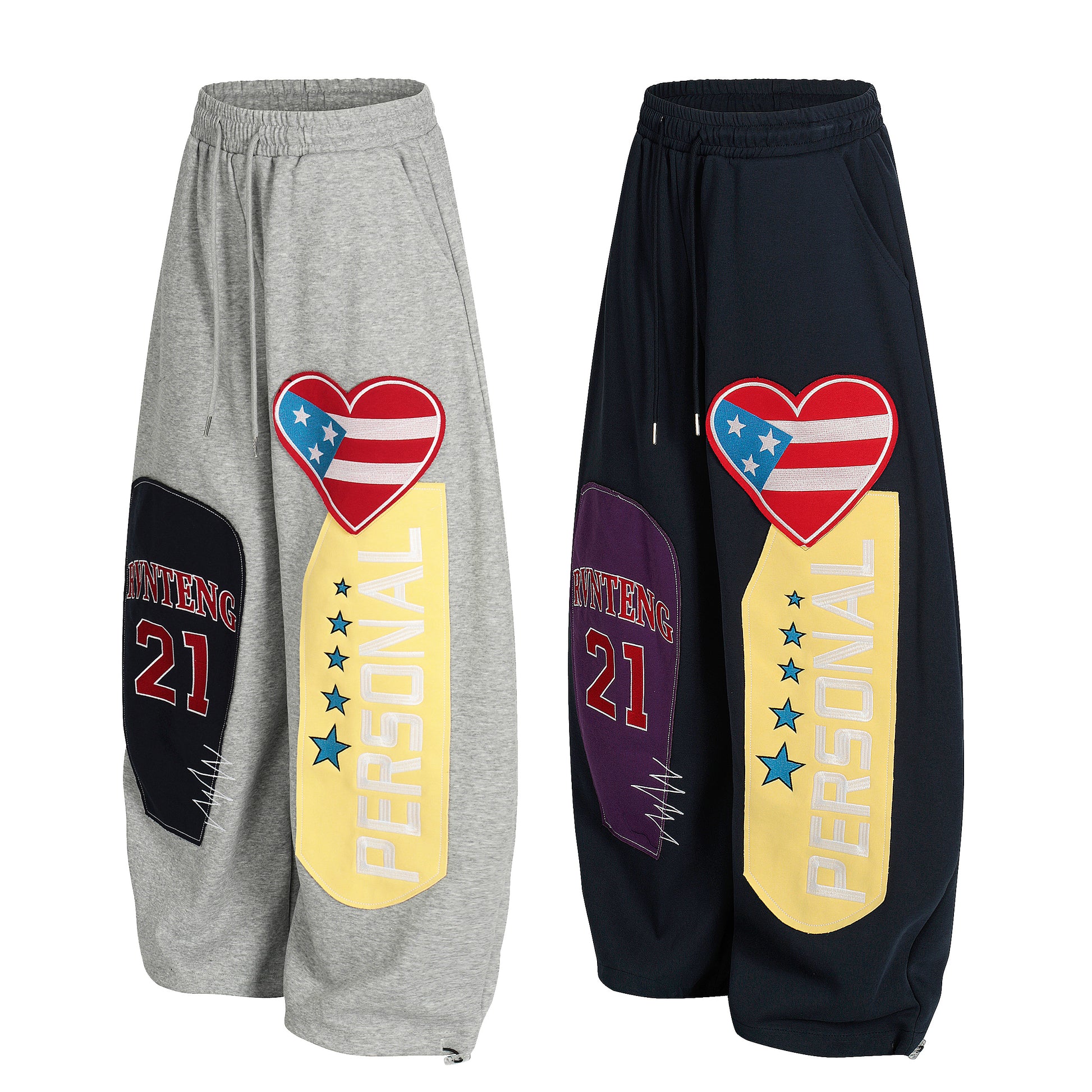 Women's RVNTENG 21 American Flag Heart Patch Balloon Wide Leg Sweatpants - Navy Front View