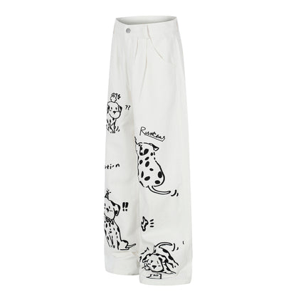Women's Dalmatian Dog Print High Waist Wide Leg Pants Pleated Front Pocket Casual Streetwear Trousers
