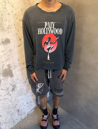 Paly Hollywood Vintage Graphic Print Long Sleeve Oversized Tee Washed Cotton Retro Streetwear Top | Paly Sunset
