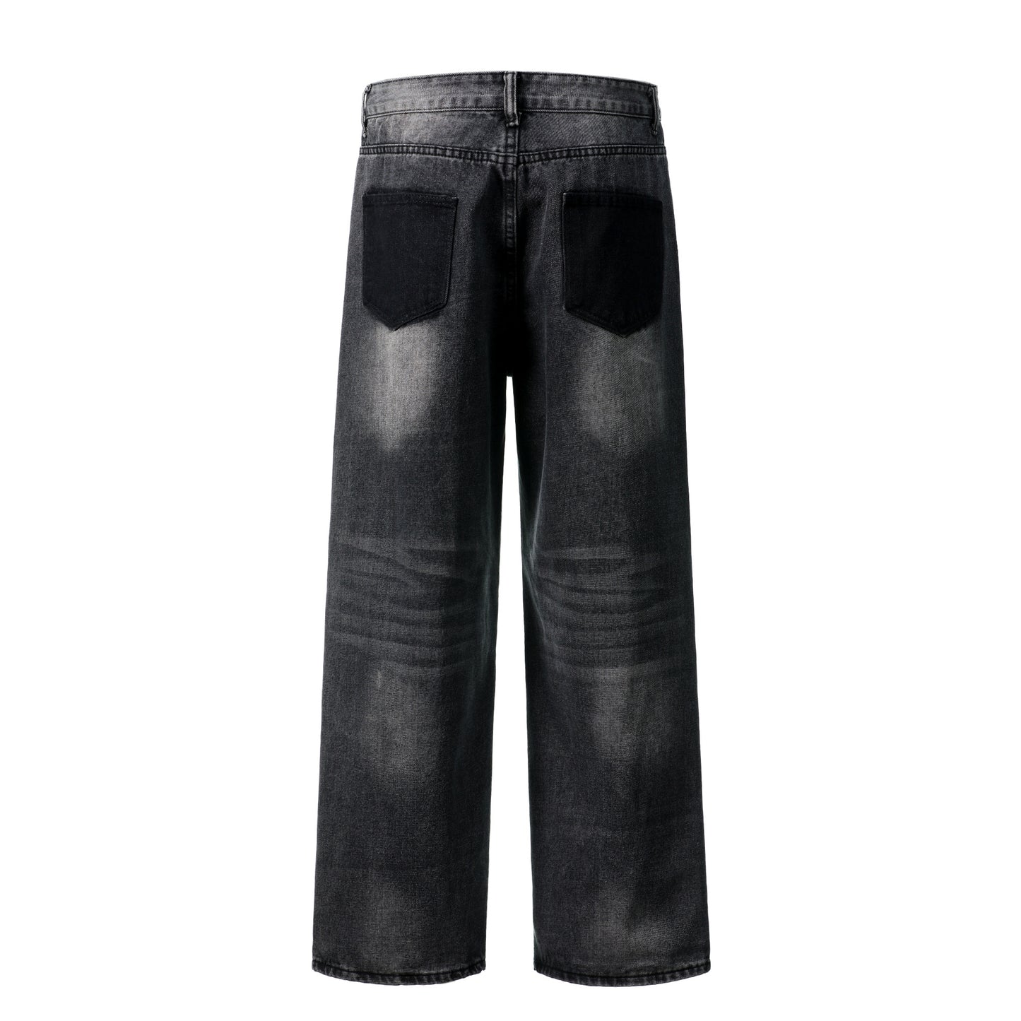 Distressed ripped jeans angled side view showing rip detail