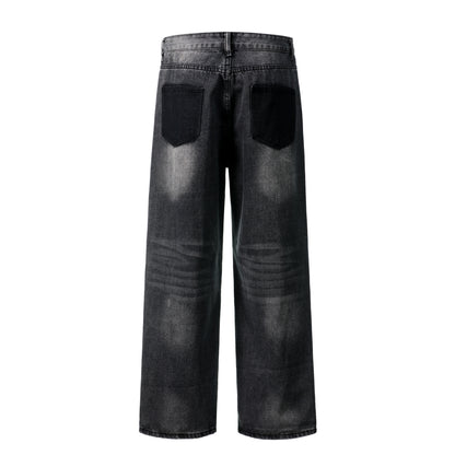 Distressed Ripped Wide Leg Jeans High Waist Washed Black Sandy Fade Black Patch Pocket Streetwear Denim Trousers | Void Rip