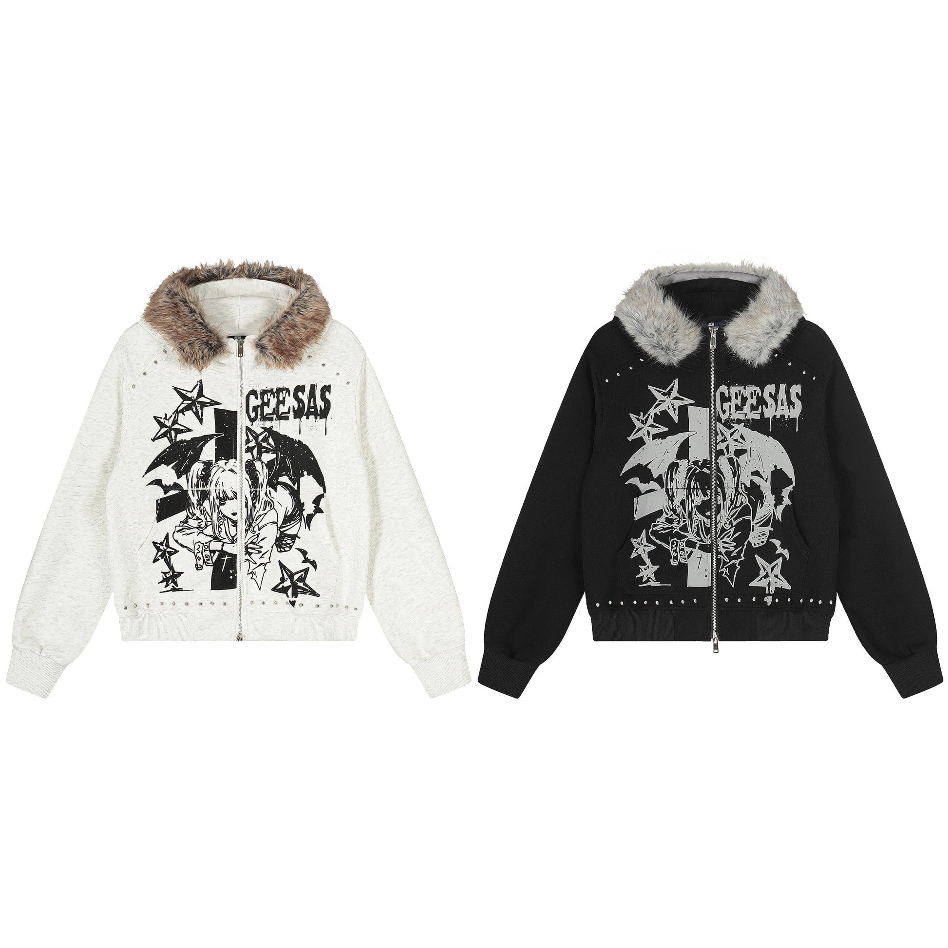Anime graphic faux fur collar zip hoodie jacket - white back