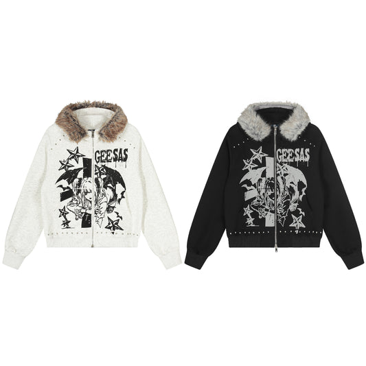 Anime graphic faux fur collar zip hoodie jacket - white back