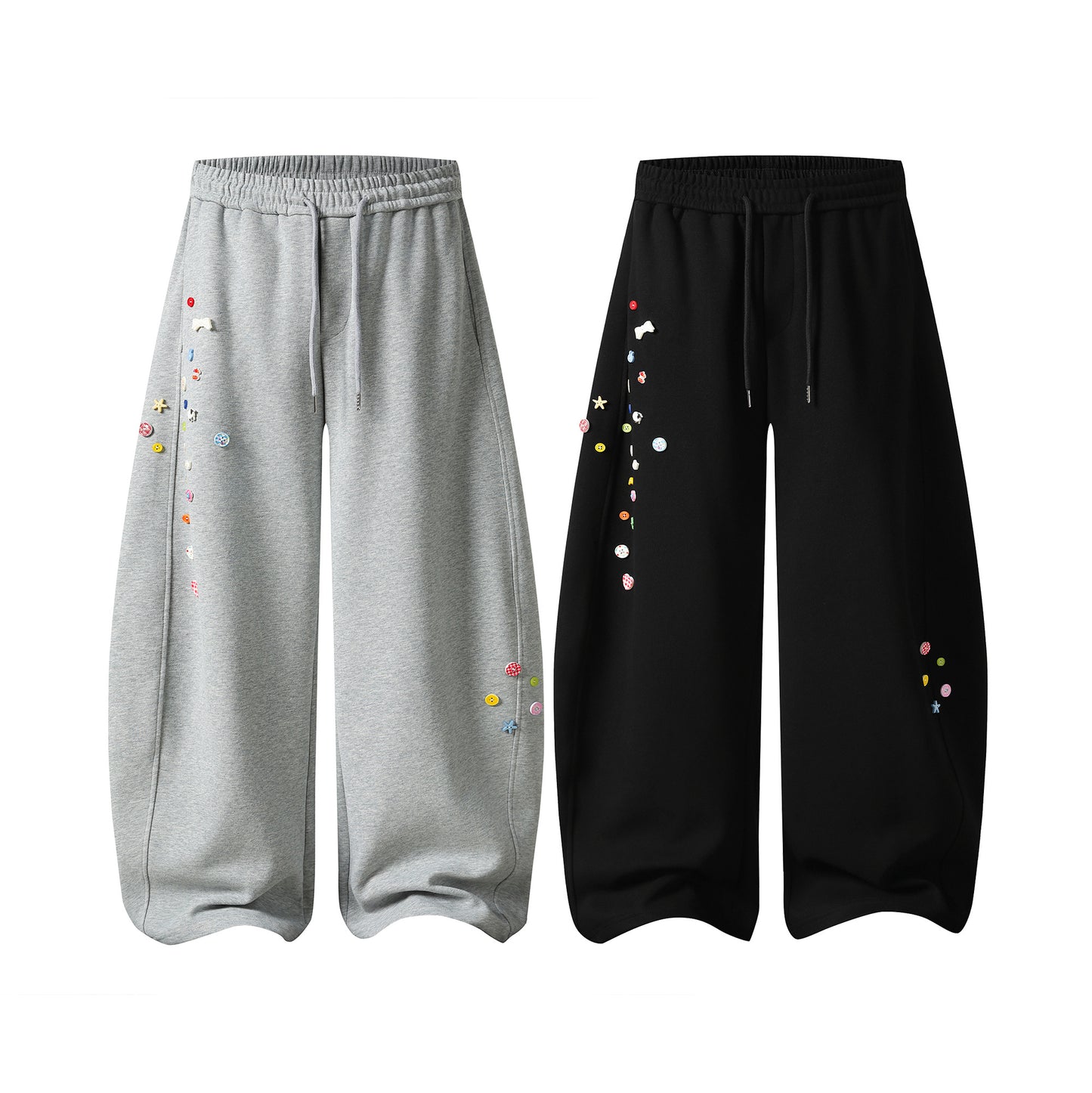 Button Drop Wide Leg Sweatpants - Black Side