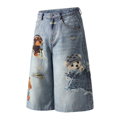 3D Plush Bear Peek Hole Denim Shorts Star Print Distressed High Waist Casual Streetwear Baggy Jean Shorts | Peek Bear