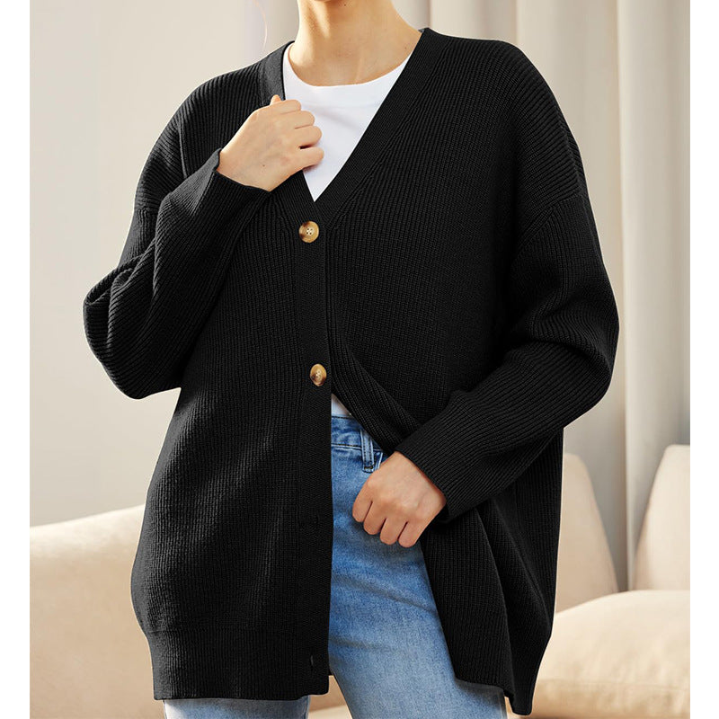 LILLUSORY Kvinnor Oversized Cardigan Tröja Höstoutfits Tyg Mode V-ringad Stickad Knapp Fram Casual Trendiga Toppar