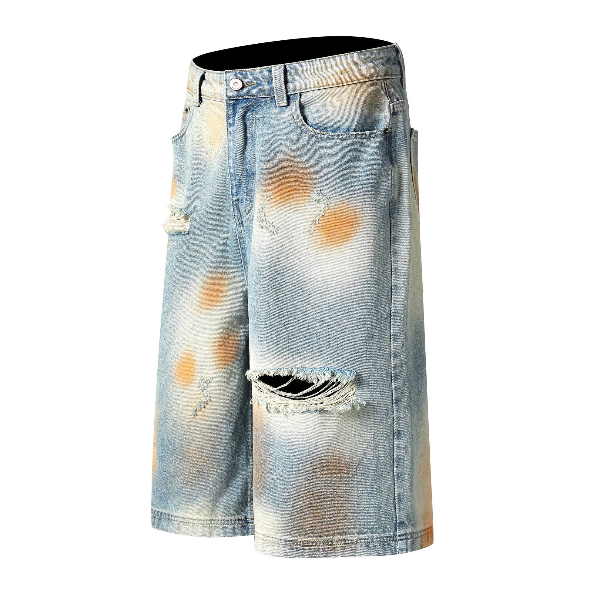 Tie-dye ripped denim shorts front view