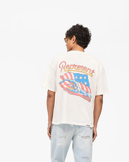 Represent Nothing Faster Boxy Graphic Tee Washed Heavyweight Pocket Surfer American Flag Print Vintage Streetwear T-Shirt | Wave Flag