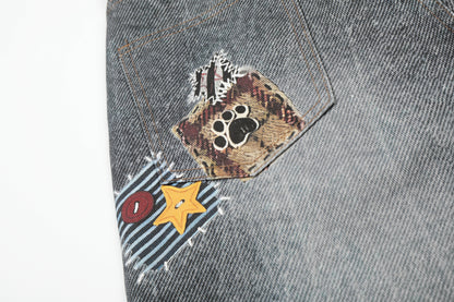 Women's Multi Patch Embroidery Charm Pendant High Waist Washed Denim Shorts Y2K Streetwear Bermuda Jean Shorts