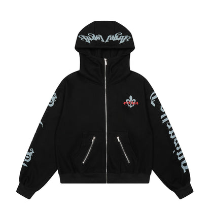 Fleur Goth Gothic Letter Print Zip Up Hoodie Oversized Streetwear Y2K Grunge Fleur-de-Lis Emblem Fleece Lined Sweatshirt | Fleur Goth