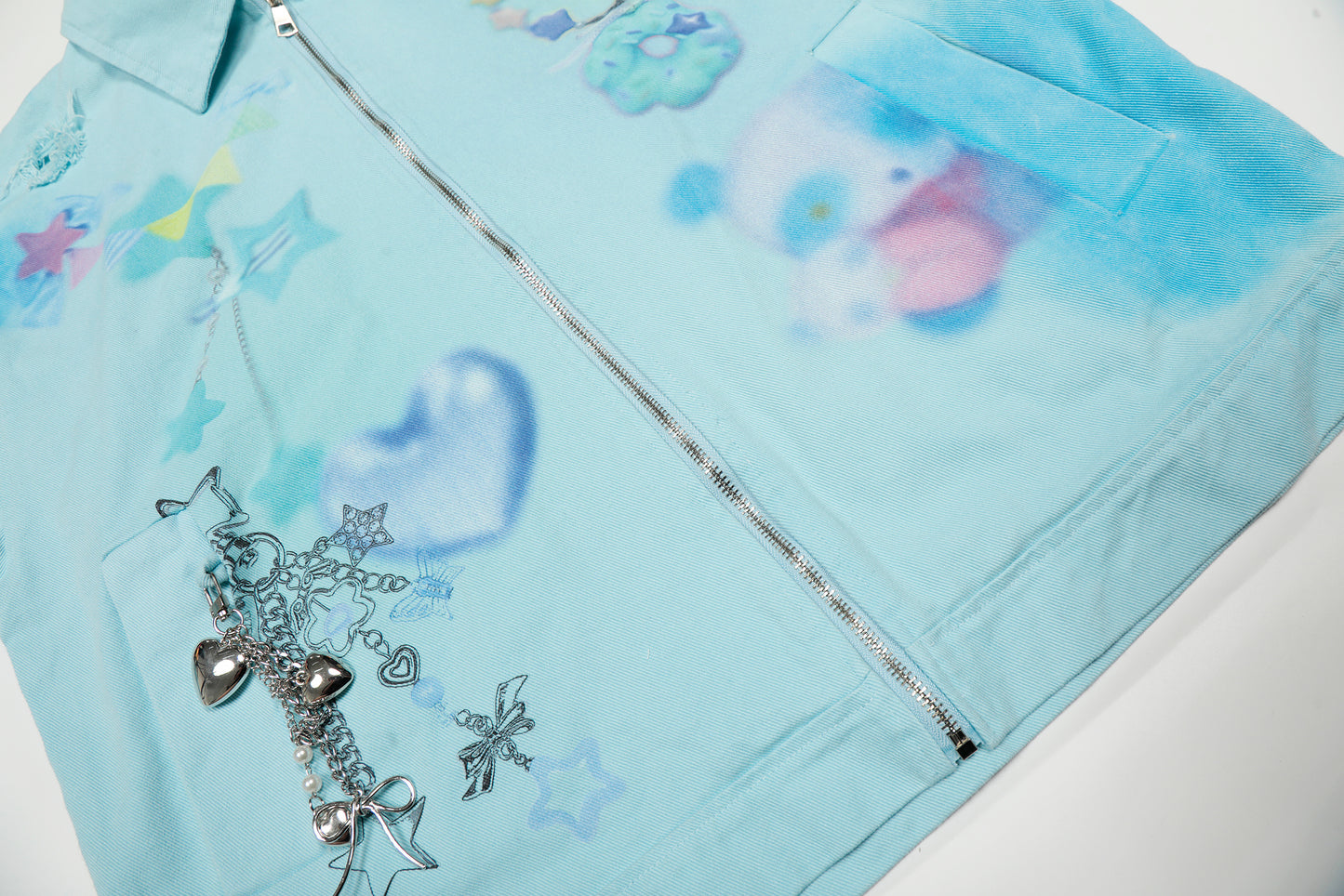 Dreamy Graffiti Star Panda Flower Metal Charm Chain Zip Jacket Spray Dye Distressed Y2K Harajuku