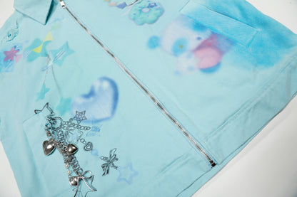 Dreamy Graffiti Star Panda Flower Metal Charm Chain Zip Jacket Spray Dye Distressed Y2K Harajuku
