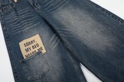 Sorry My Bed Needs Me Patch Wide Leg Barrel Jeans High Waist Washed Vintage Streetwear Denim Pants