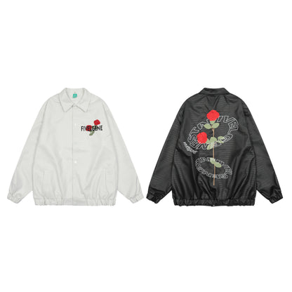Oversized Rose Embroidery Coach Jacket Snap Button Crocodile Texture Streetwear Casual Fall Outerwear