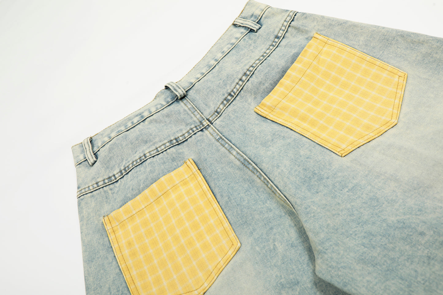 Yellow Plaid Patchwork Wide Leg Denim Jeans High Waist Washed Barrel Streetwear Y2K Casual Pants | Sunny Barrel