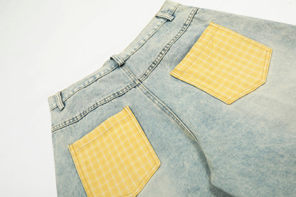 Yellow Plaid Patchwork Wide Leg Denim Jeans High Waist Washed Barrel Streetwear Y2K Casual Pants | Sunny Barrel