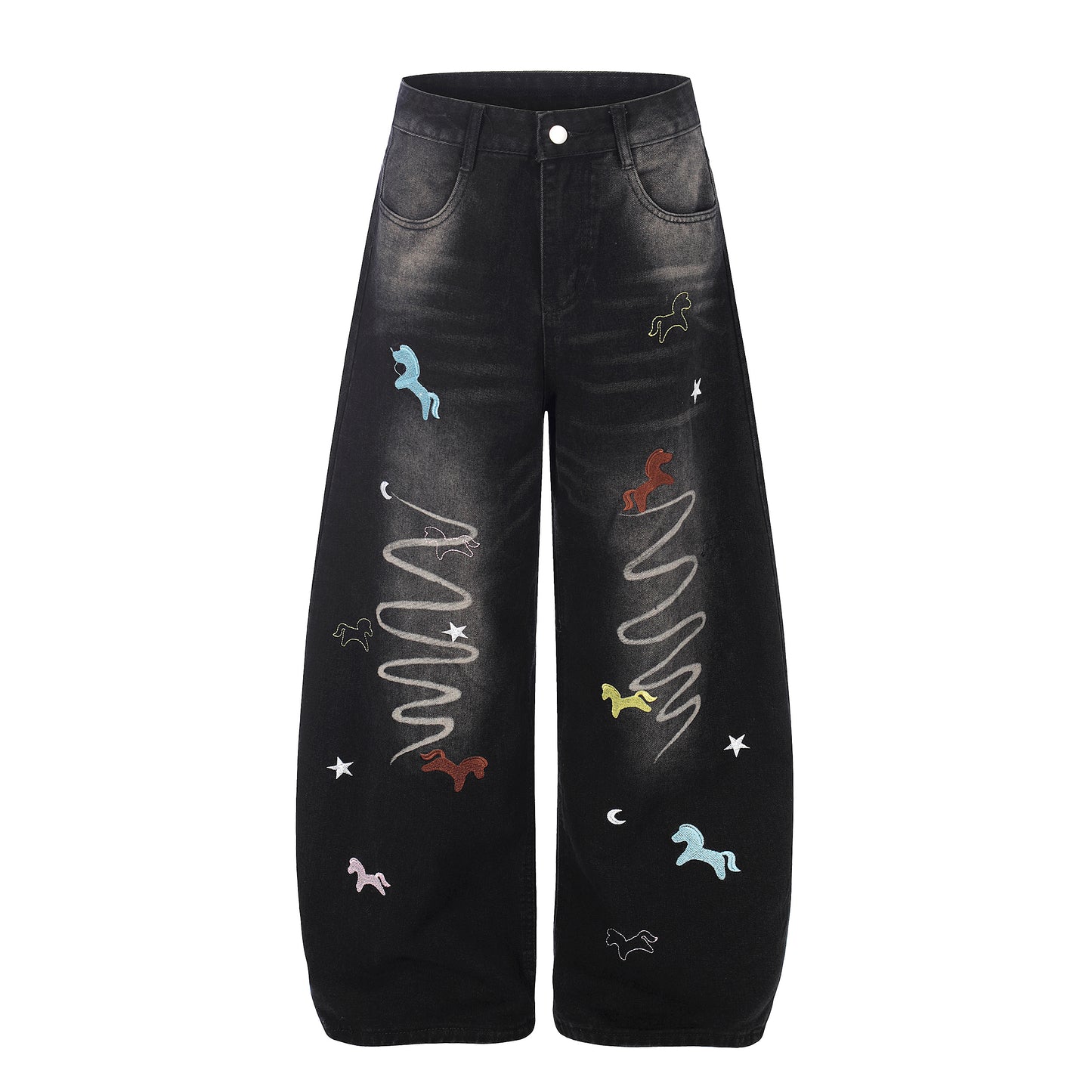 Unicorn Embroidery Wide Leg Denim Jeans - Blue and Black Detail