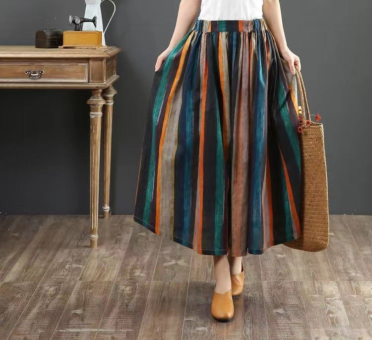 New style cotton and linen all-matching A-line skirt loose literary stripe printing medium-long pleated skirt for women