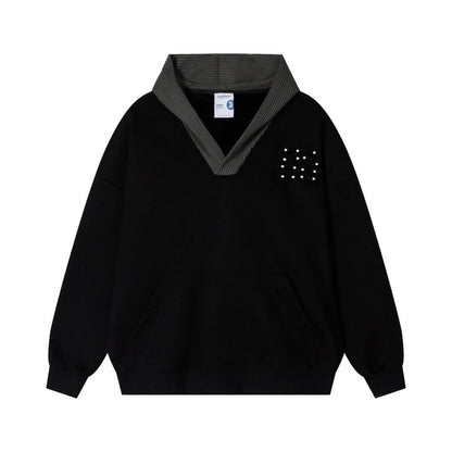 DuoMatch Pearl Rivet V-Neck Knit Hood Patchwork Silver Fox Fleece Oversized Hoodie Streetwear Sweatshirt