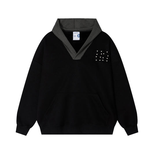 Black DuoMatch pearl rivet V-neck knit hood hoodie front view